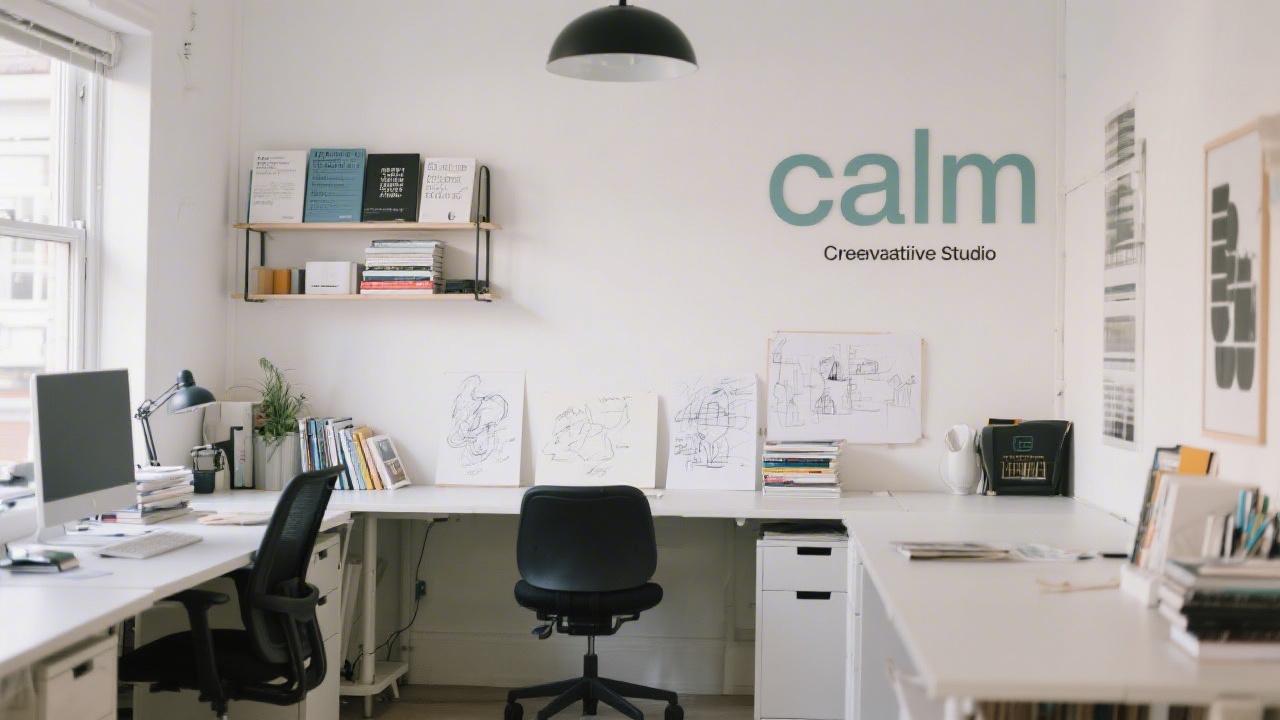 Calm creative studio in Dublin with design books, branding sketches, and a clean workspace, showing a focused environment for professional learning.