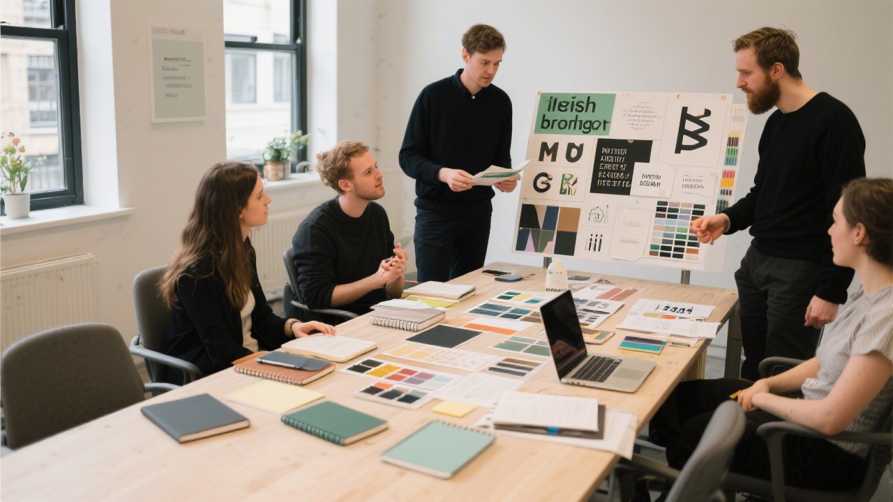Group of designers discussing mood boards and typography samples on a wide table with notebooks, swatches, and a laptop, presenting a collaborative Irish branding workshop.