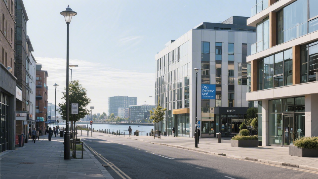 Dublin Docklands street view with modern buildings and a calm professional atmosphere, illustrating the location of a design academy.