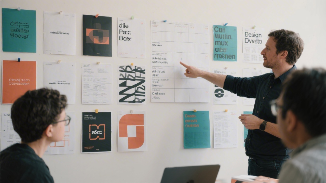 Design critique session with printed brand layouts pinned on a wall, a facilitator pointing at typography and grid alignment during review.