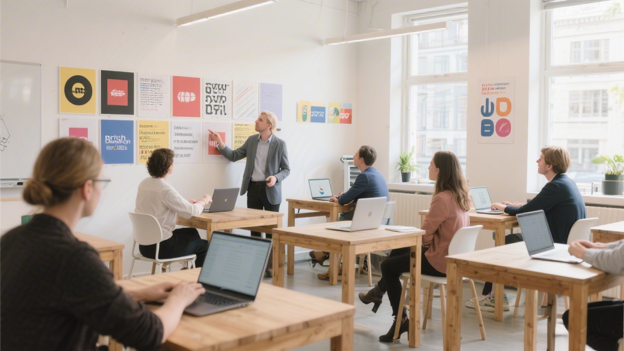 Bright Dublin studio classroom with creative professionals reviewing brand boards on a large wall, laptops open on wooden desks, and soft daylight illuminating a modern learning space.