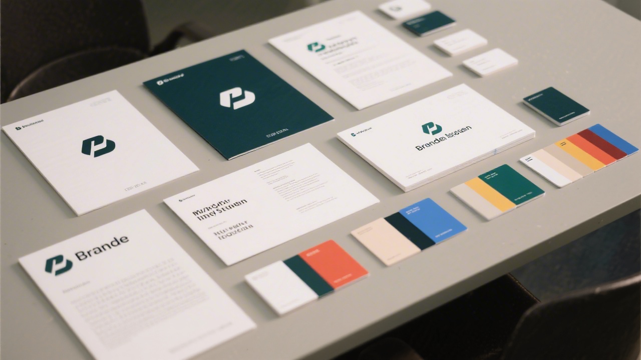 Printed brand identity system including logo variations, typography styles, and color palette cards neatly arranged on a table.