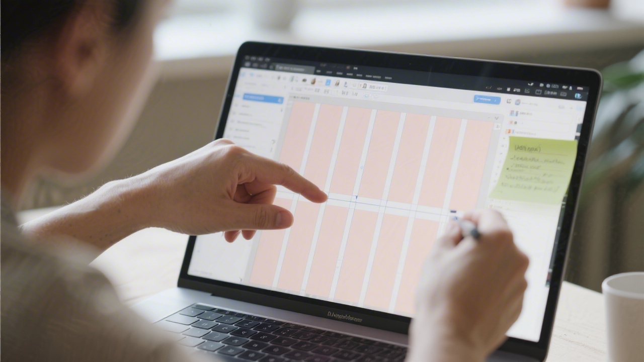 Designer adjusting website layout grids on a laptop screen with notes, showcasing modern UI design practices and clean visual hierarchy.
