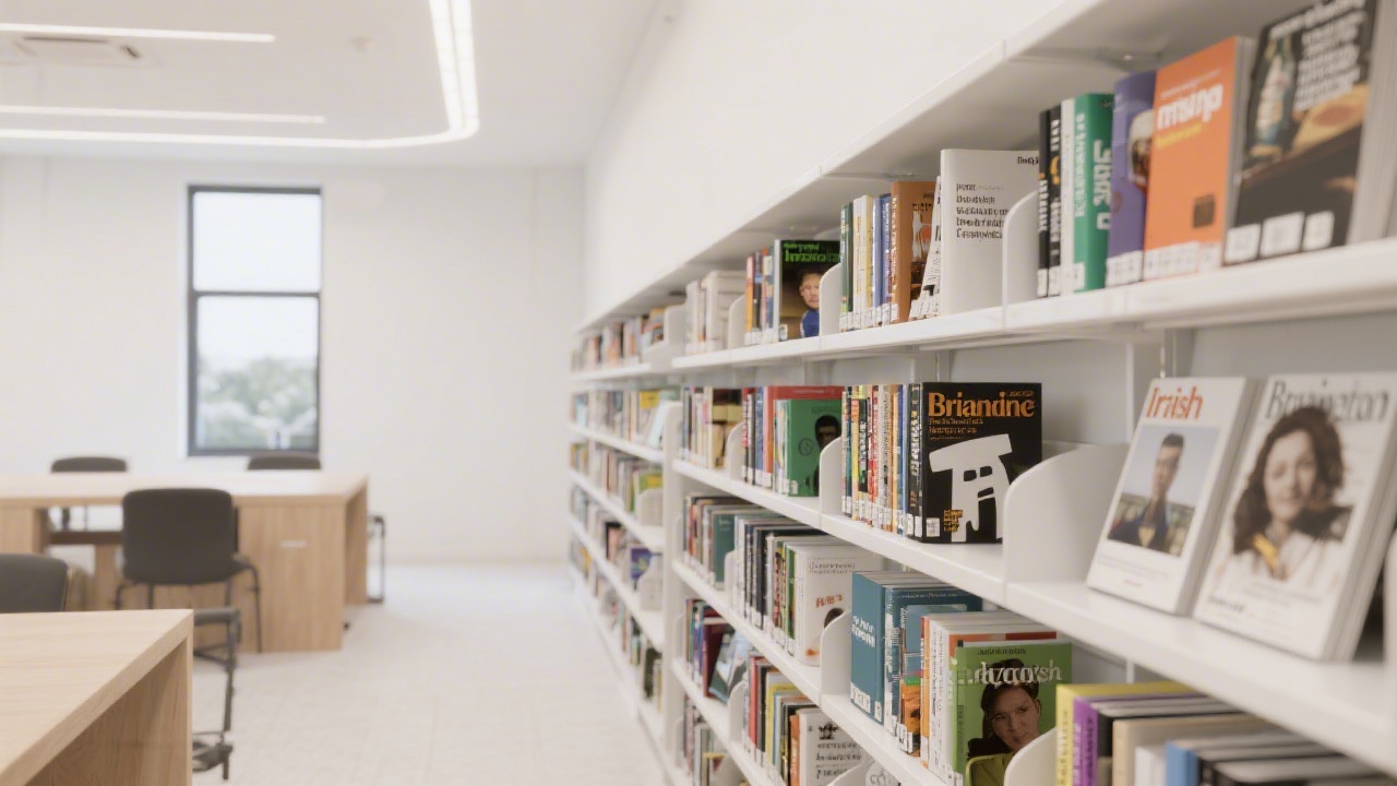 Minimal design library with shelves of branding books and Irish design journals, showing research resources for learners.