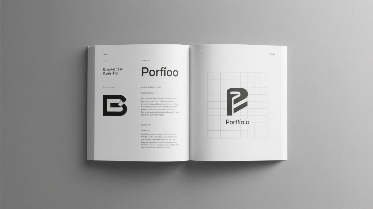 Open portfolio book showing branding case studies with typography, logo applications, and layout grids photographed in a calm studio environment.