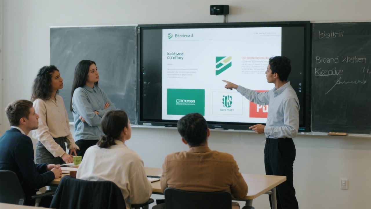 Small group reviewing a brand presentation on a large screen, with a presenter pointing to key identity elements during a classroom critique.