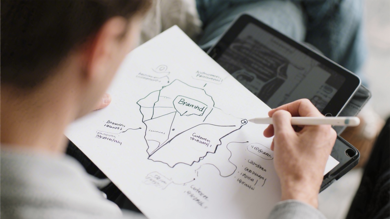 Close view of a brand strategist sketching a positioning map and customer journey on paper beside a tablet, capturing a structured planning session.