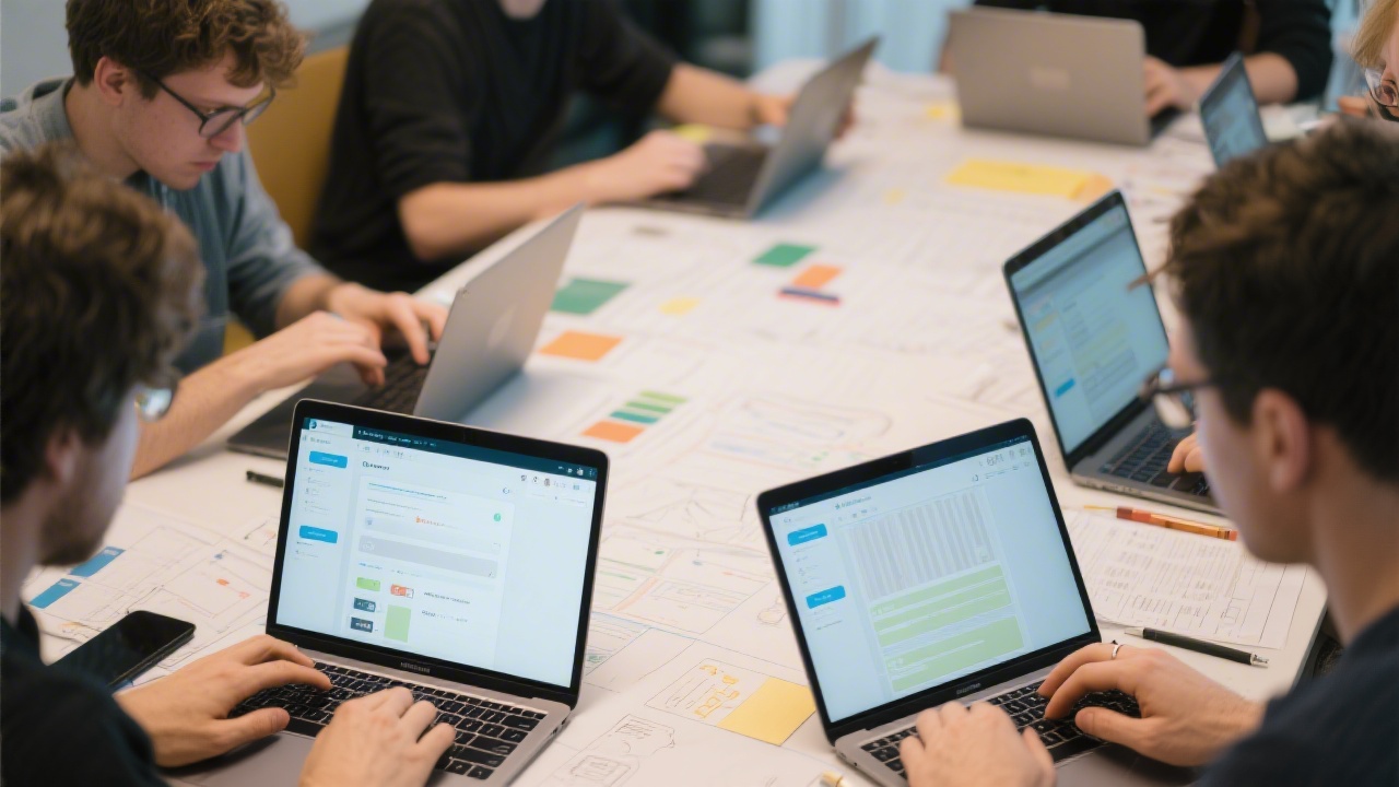 Hands-on web design workshop with participants prototyping interfaces on laptops, focusing on UI components and responsive layouts.